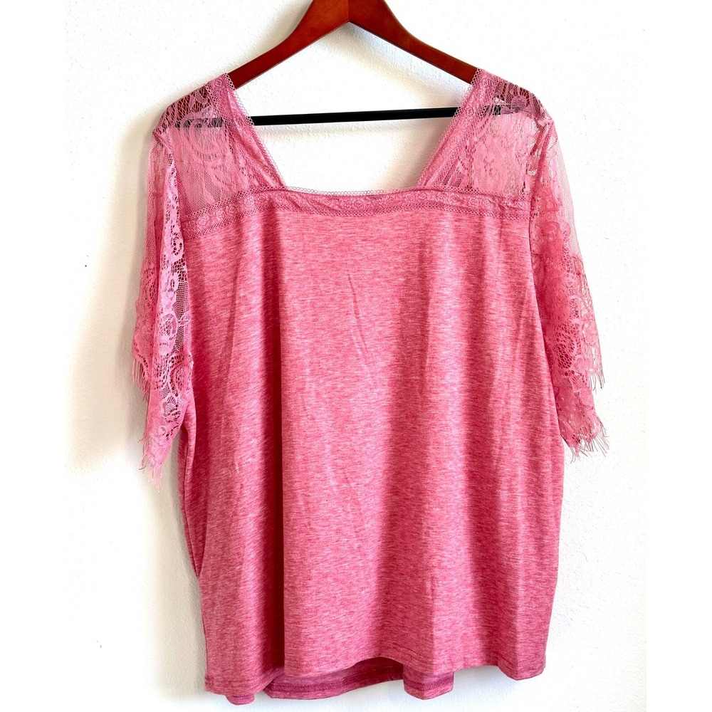 Pink Rose Women's 4XL Short‎ Sleeve V-Neck Fringe Lace Trim Jersey Top - Picture 4 of 10